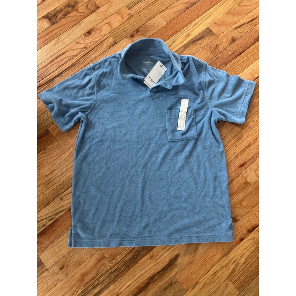 Goodfellow & Co Mens Terry Cloth Polo Shirt Light Blue Short Sleeve Pocket L